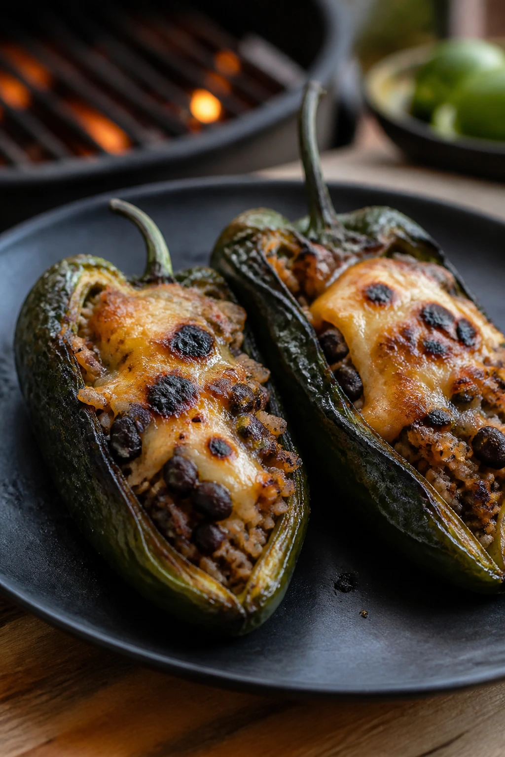 Poblano peppers stuffed with black beans on a dark plate