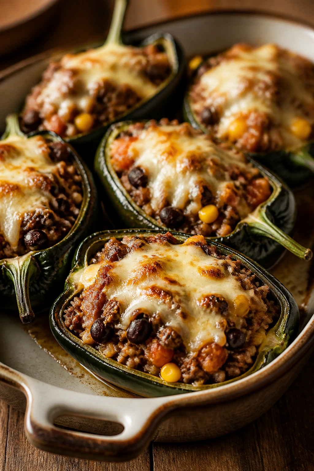 Close-up of halved poblano peppers stuffed with beef and sausage, cheese melted