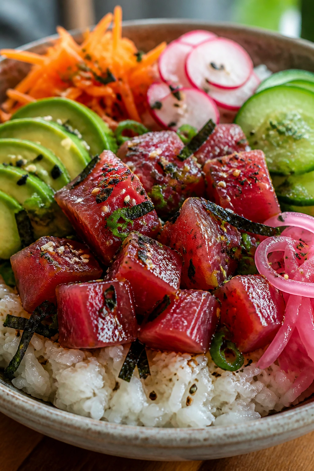 Poke bowl close-up showing rice, fish, cucumber, avocado and toppings
