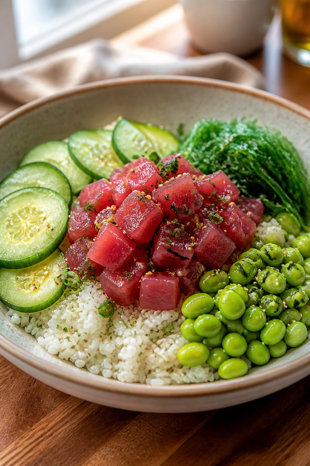 Close-up of a poke bowl plated with a rice base, fish mound, and vegetable arcs in a warm kitchen
