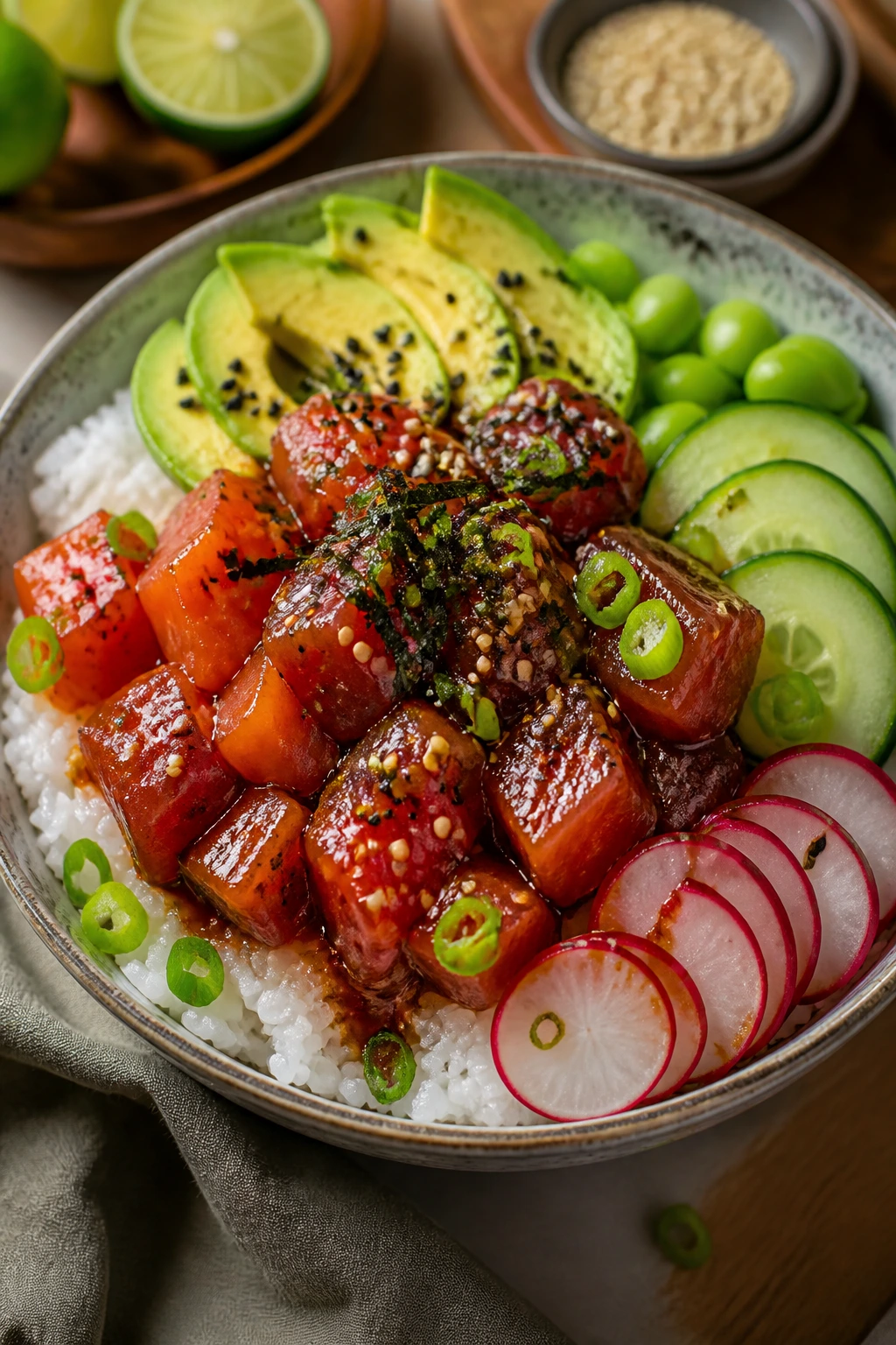 Vibrant poke bowl with rice, marinated fish, cucumber, avocado, edamame, radish and sesame on a wooden counter