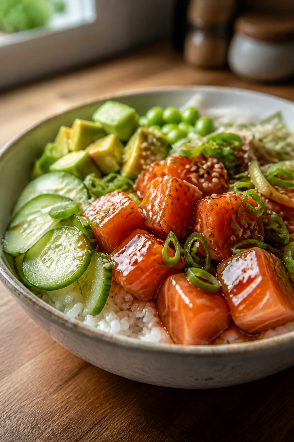 Close-up of glossy salmon poke bowl with avocado and crunchy toppings on a wooden counter