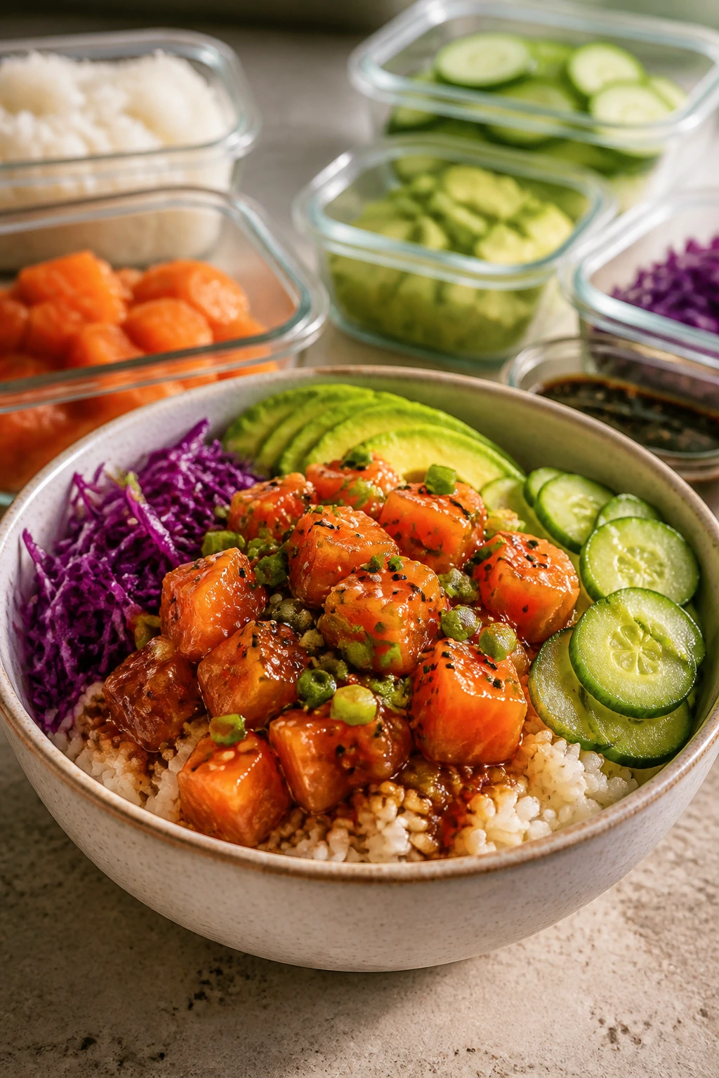 Poke bowl on counter with storage containers in background