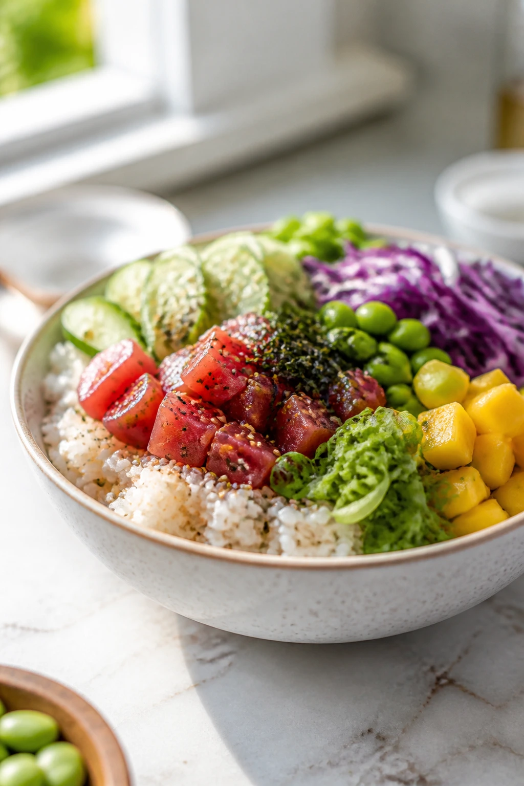 Poke bowl with warm rice and cool toppings in a bright kitchen