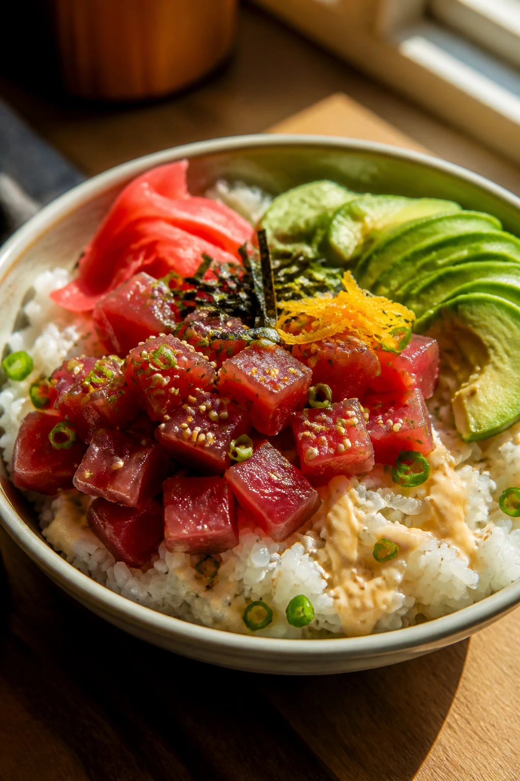 Close-up of a poke bowl with warm rice, tuna, avocado, pickled ginger, sesame, and nori on a wooden counter