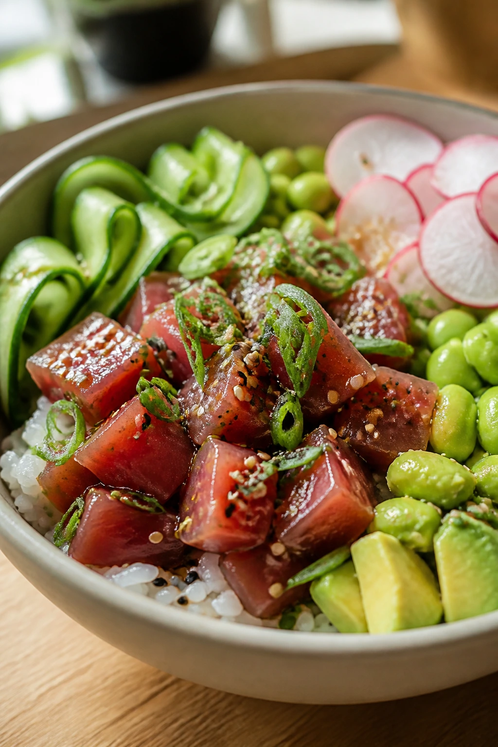Close-up of a vibrant poke bowl with tuna, rice, and colorful toppings in a warm kitchen