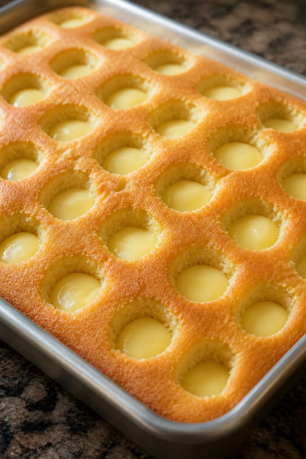 Close-up of vanilla pudding poke cake top with holes