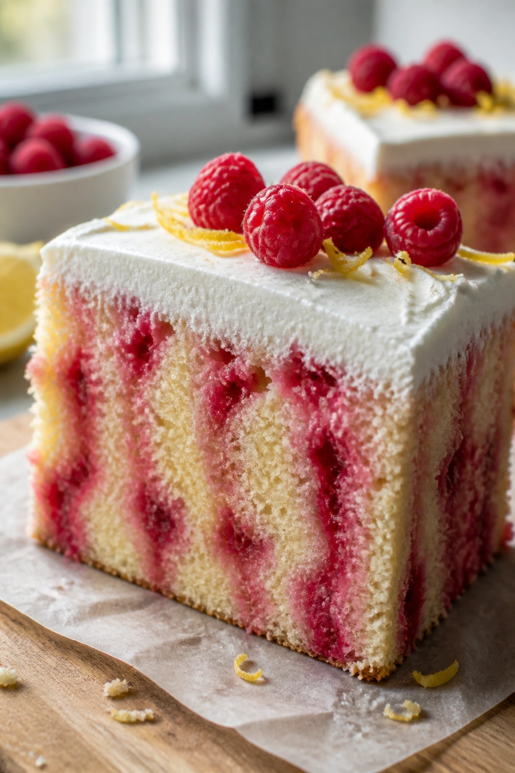 Slice of lemon poke cake with raspberry ribbon filling on parchment