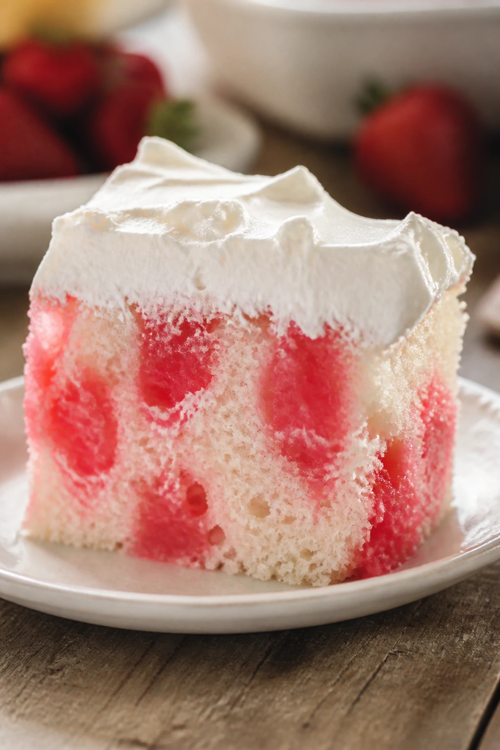 Slice of strawberry poke cake showing pink gelatin pockets.