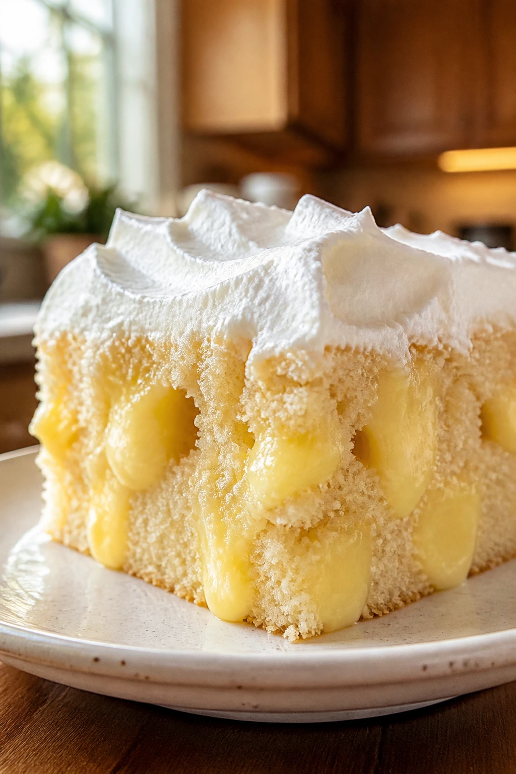 Slice of poke cake with pudding-filled holes and whipped topping