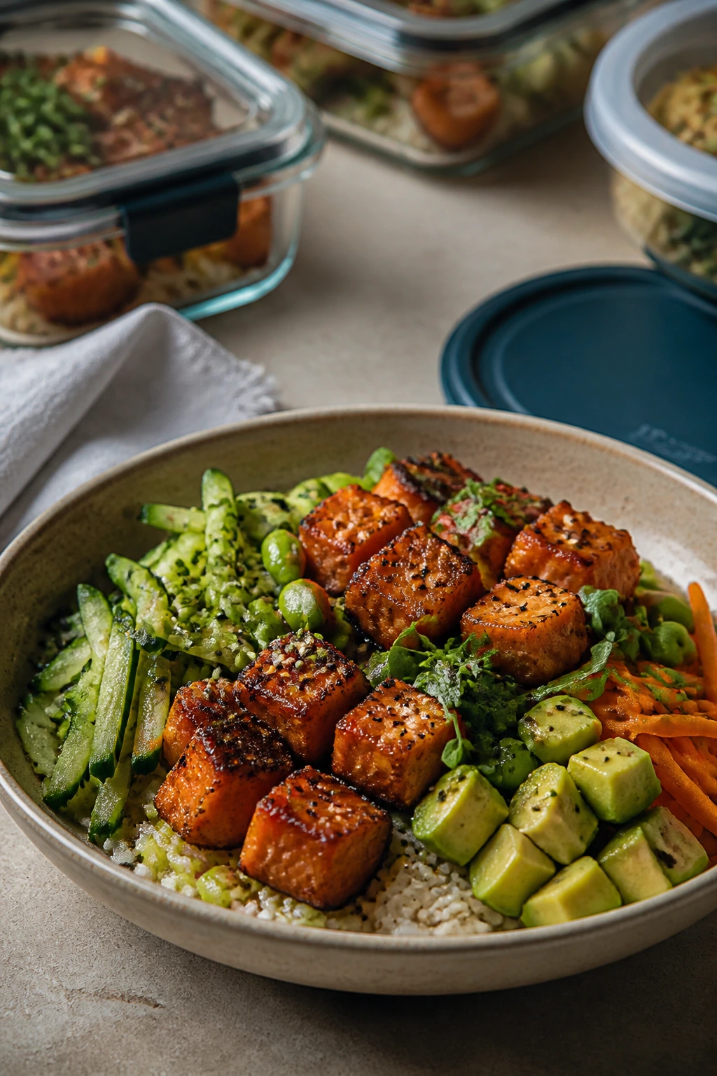 Crispy salmon poke bowl plated for ahead serving in a kitchen setting.