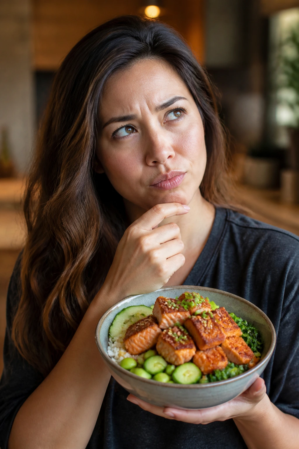 Portrait of a curious person in a kitchen with a crispy salmon poke bowl.