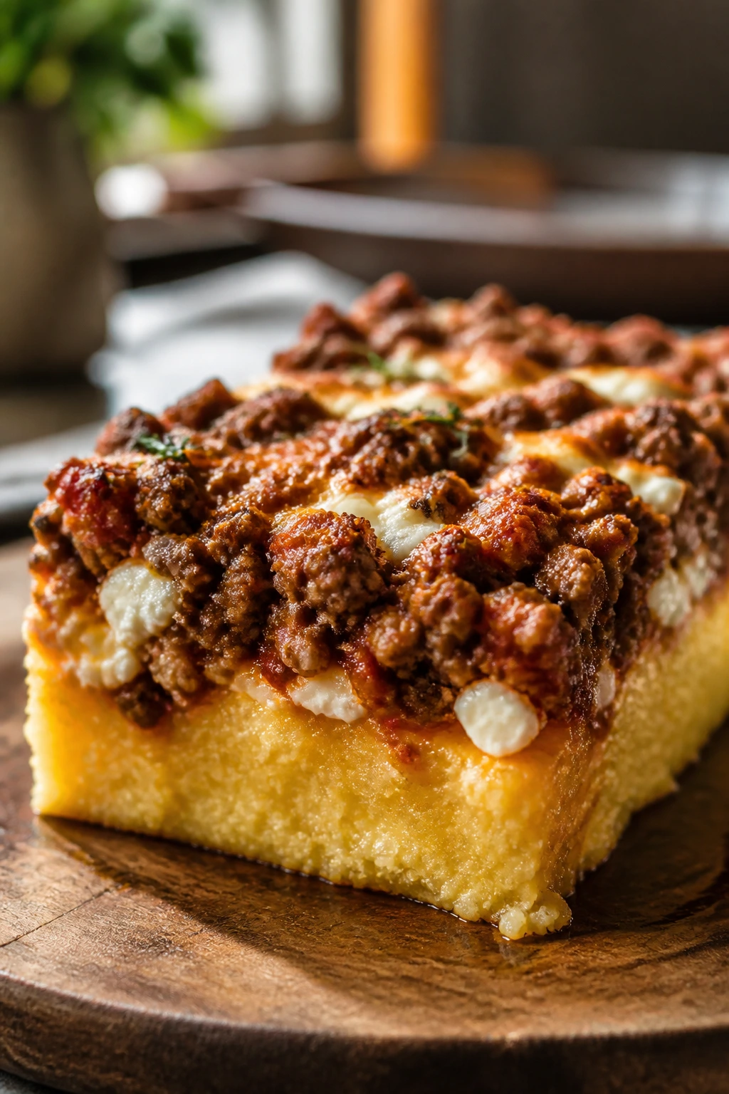 Close-up of polenta bake slice with cottage cheese and beef ragù