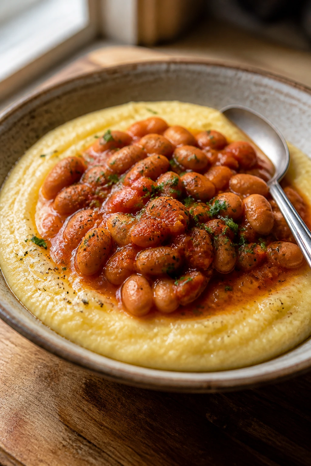 Close-up of creamy polenta with tomato beans in a rustic bowl