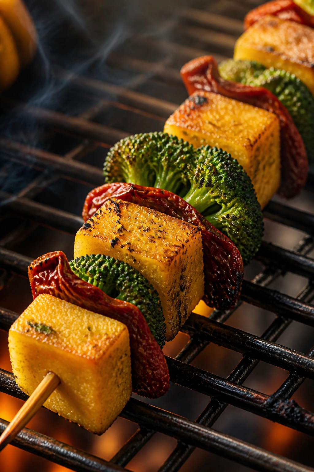 Close-up polenta broccoli sun-dried tomato skewers on grill