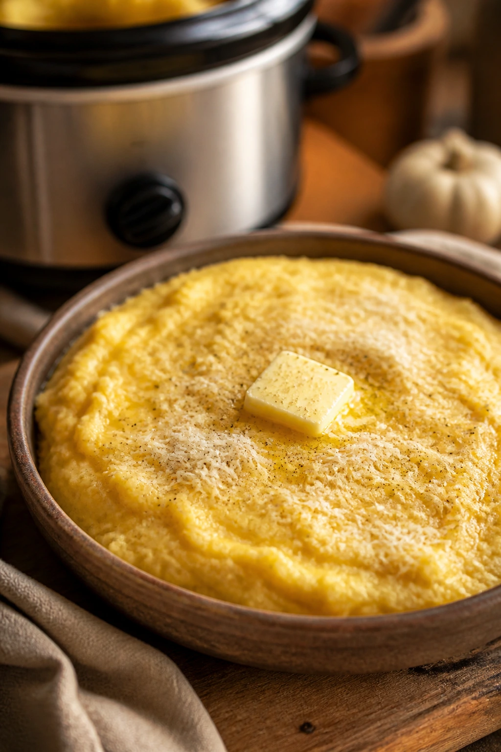Creamy cheesy polenta with parmesan and butter in rustic bowl