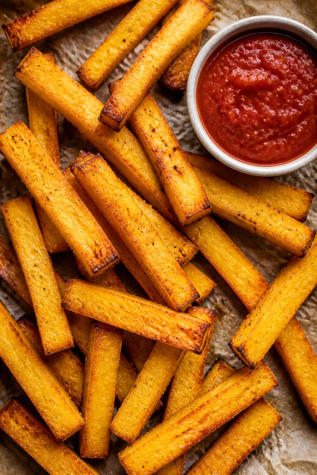 Close-up of crispy polenta fries with marinara dipping sauce