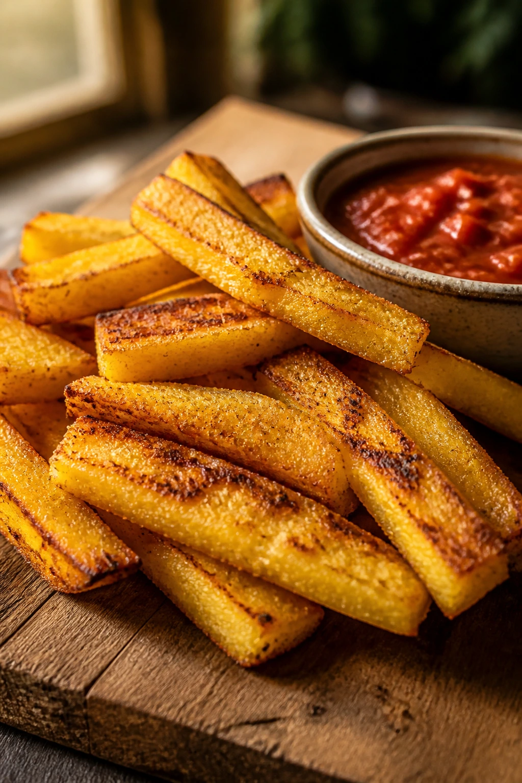 Close-up of golden polenta fries with marinara dip on a rustic board