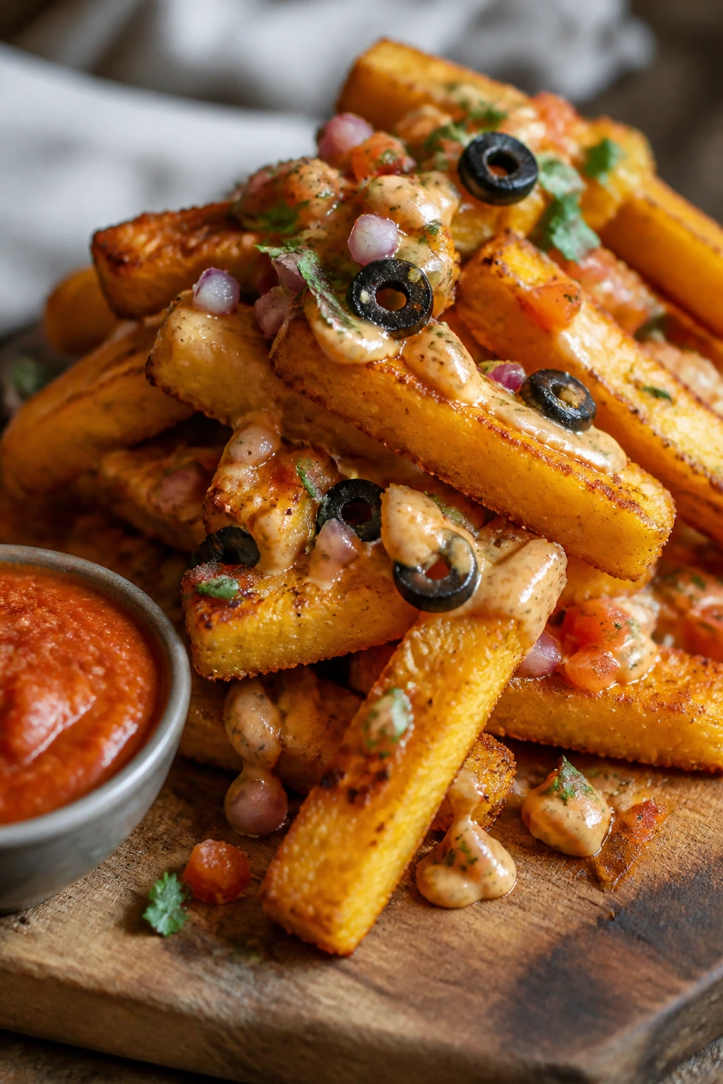 Polenta fries with toppings and smoky tomato dip