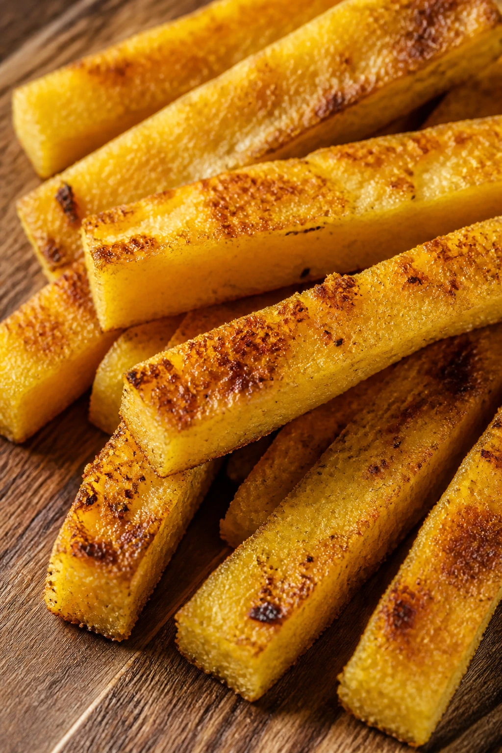 Close-up of polenta fries on a wooden board
