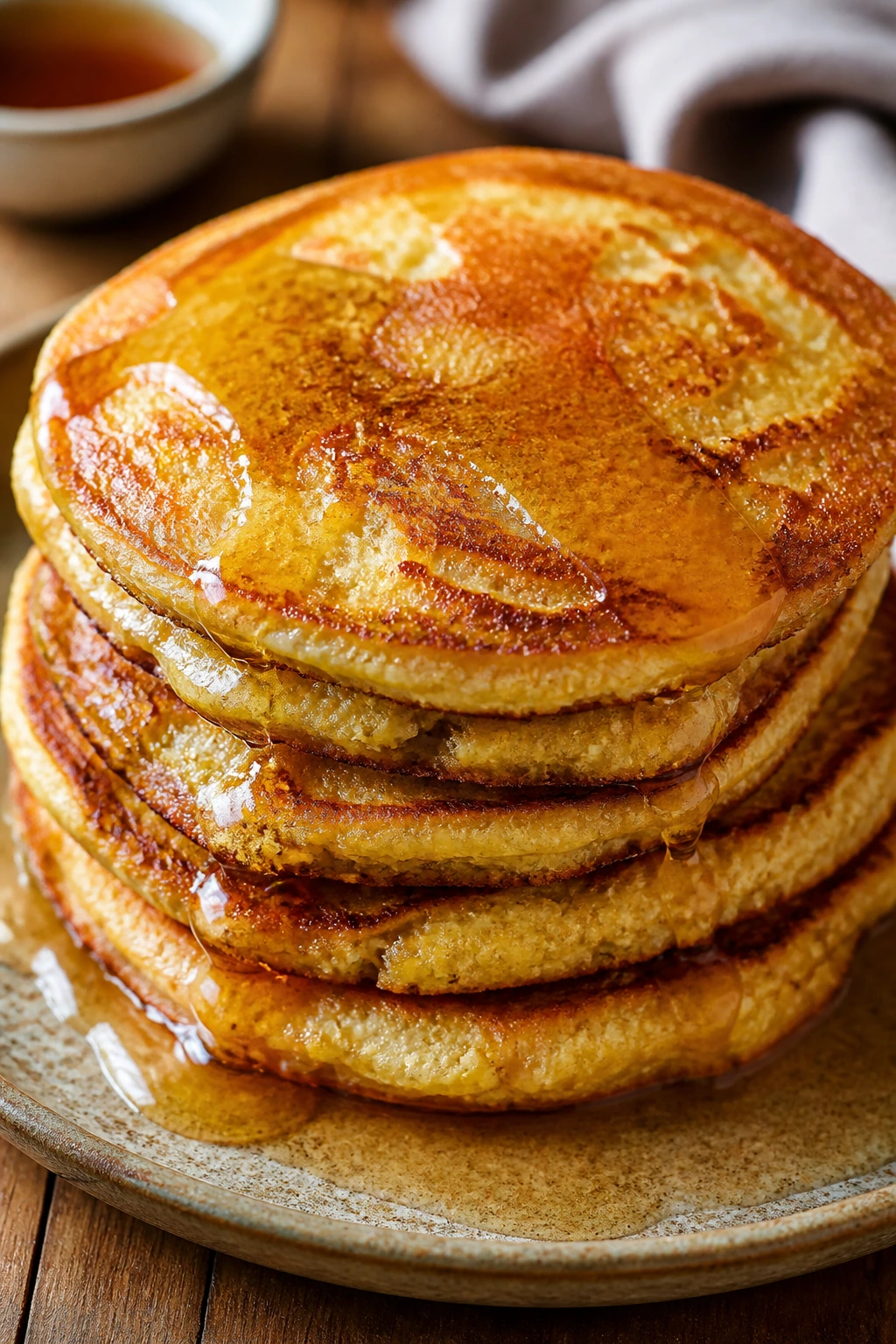 Close-up of polenta honey pancakes with honey drizzle