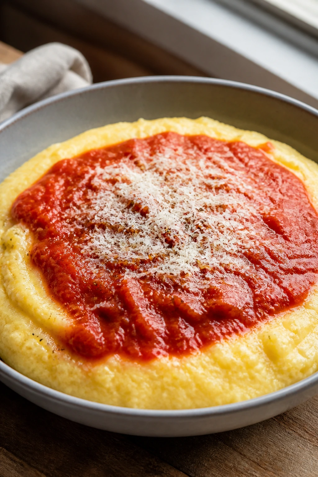 Creamy polenta with marinara and Parmesan in a bowl