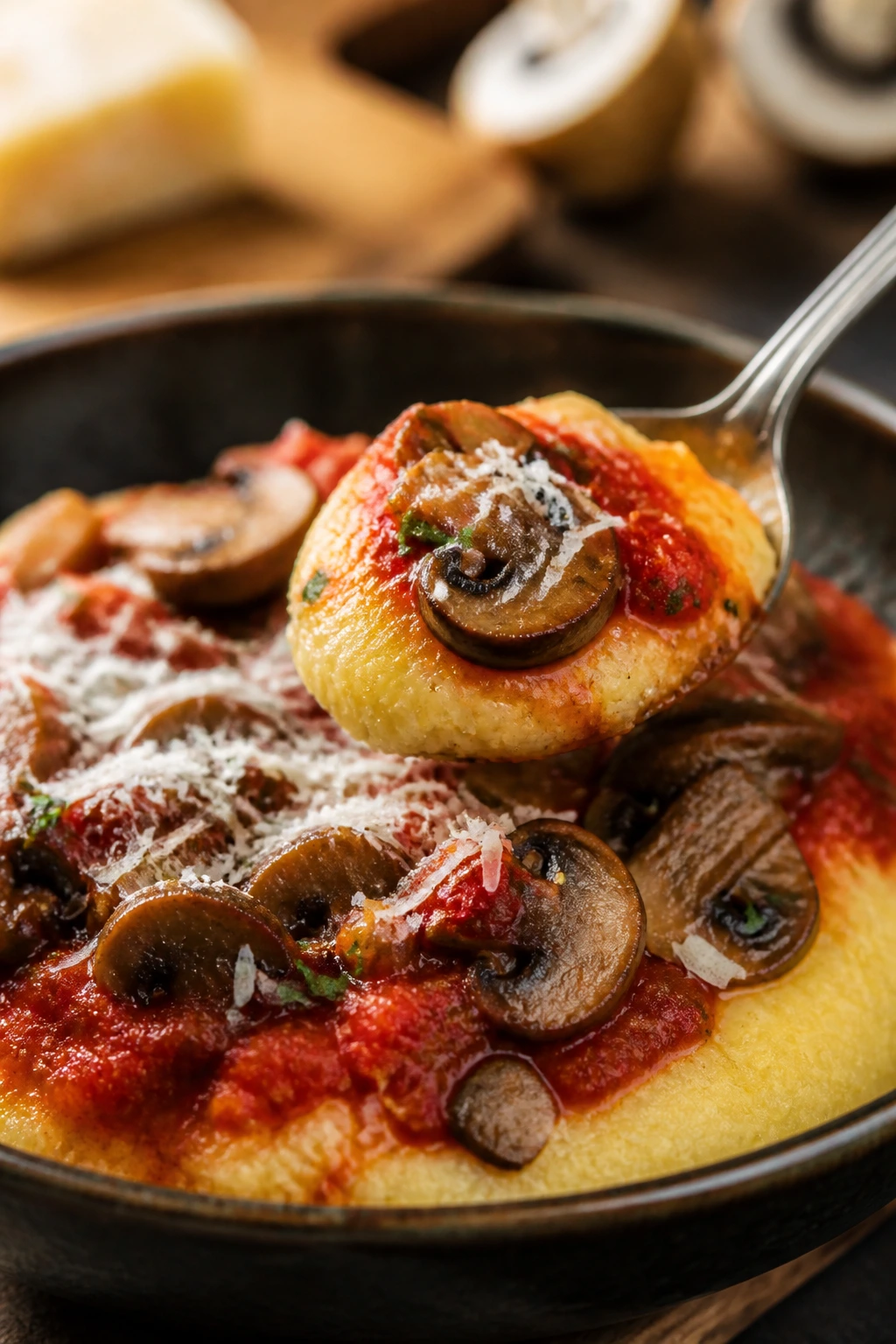 Creamy polenta with mushrooms and marinara