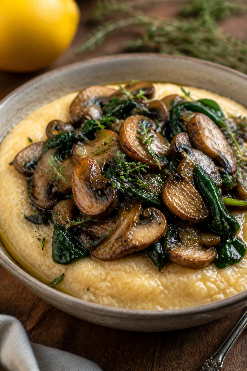 Creamy mushroom polenta with spinach and mushrooms on a bowl