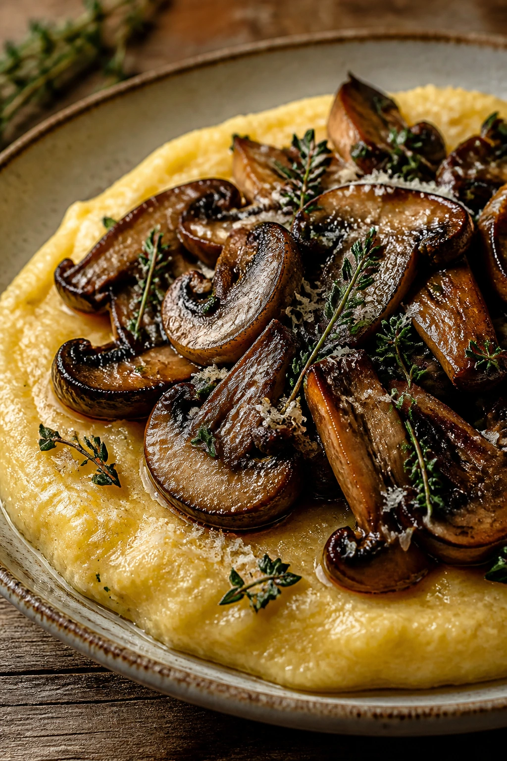 Creamy polenta with roasted mushrooms and thyme on rustic plate.