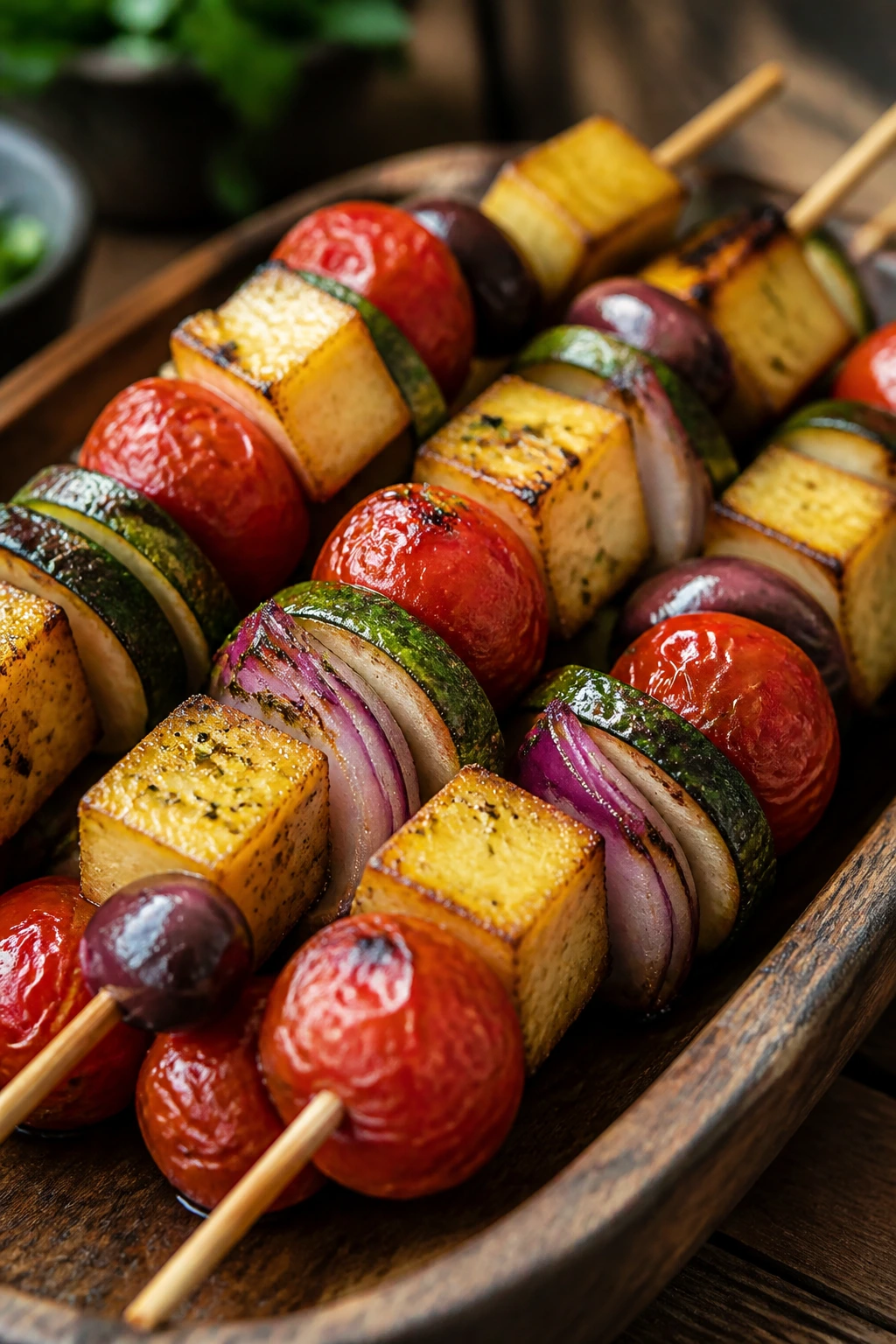 Close-up of Mediterranean polenta skewers with olives and vegetables grilling outdoors