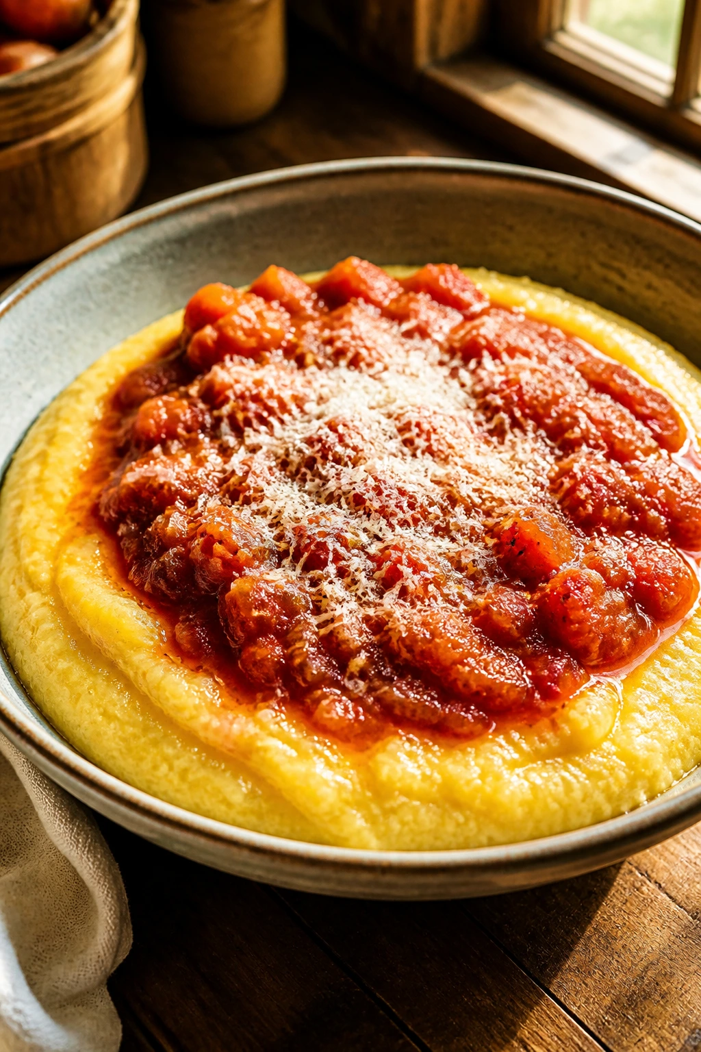 Creamy tomato polenta with Parmesan in a rustic kitchen