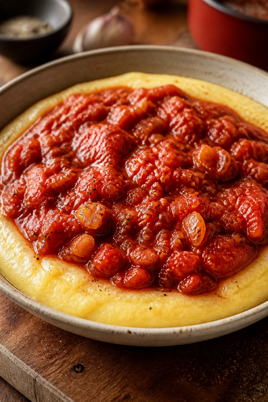 Creamy polenta with tomato ragout in a bowl on a rustic counter.