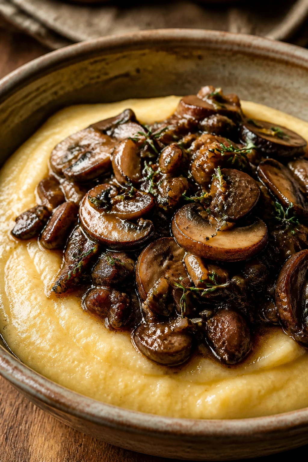 Close-up of creamy polenta with mushroom ragù in a rustic bowl