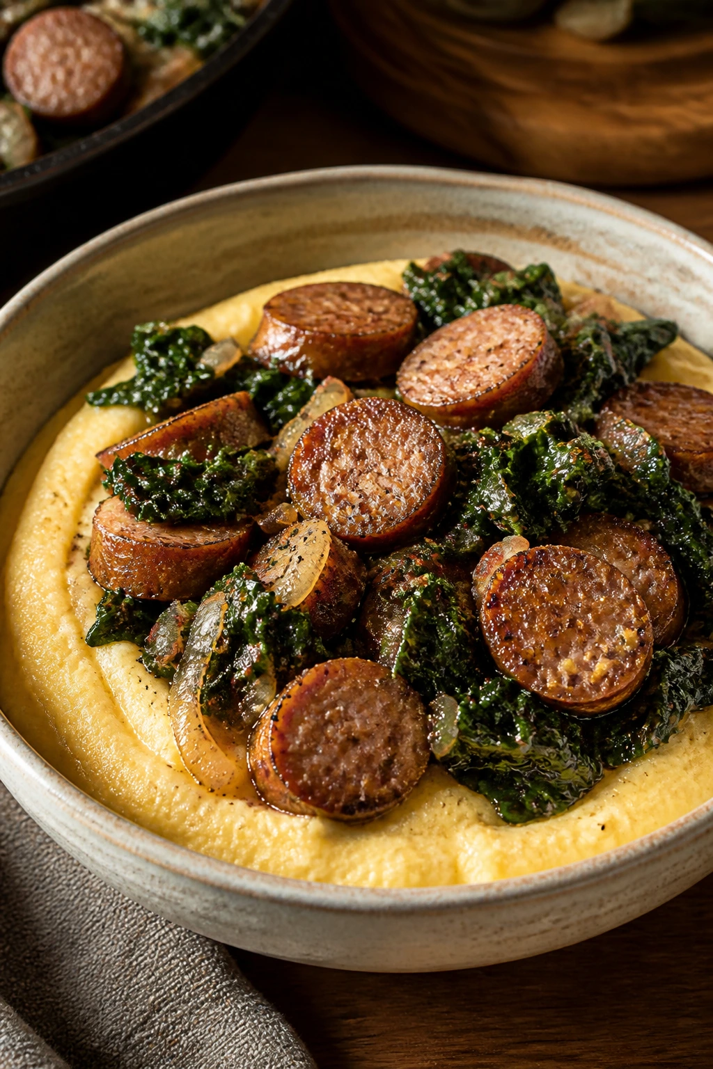 Polenta bowl with sausage and garlicky greens