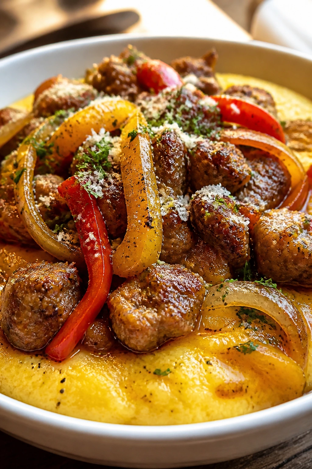 Close-up of Italian sausage polenta bowl with peppers and Parmesan in a warm kitchen