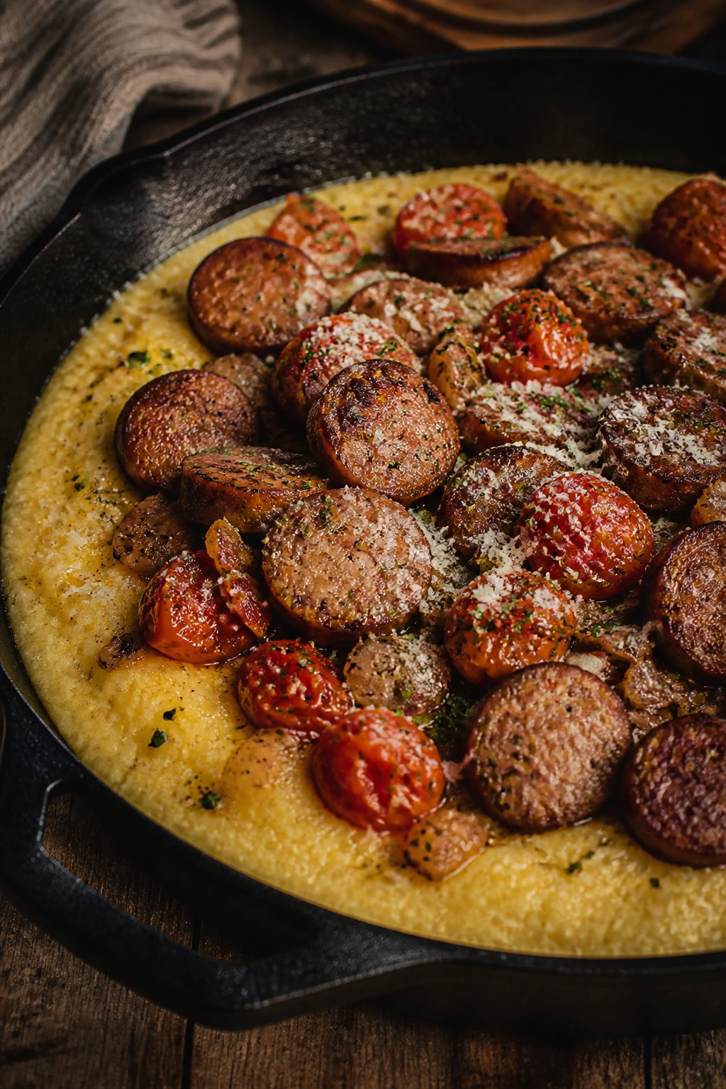 Creamy polenta with sausage slices in cast-iron skillet.