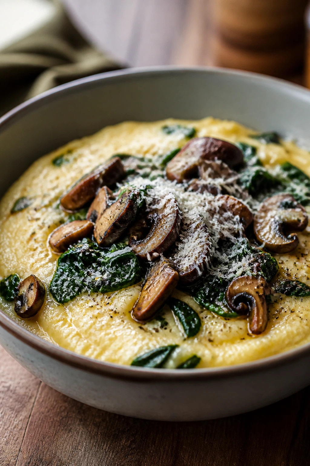 Close-up of creamy polenta with spinach and mushrooms