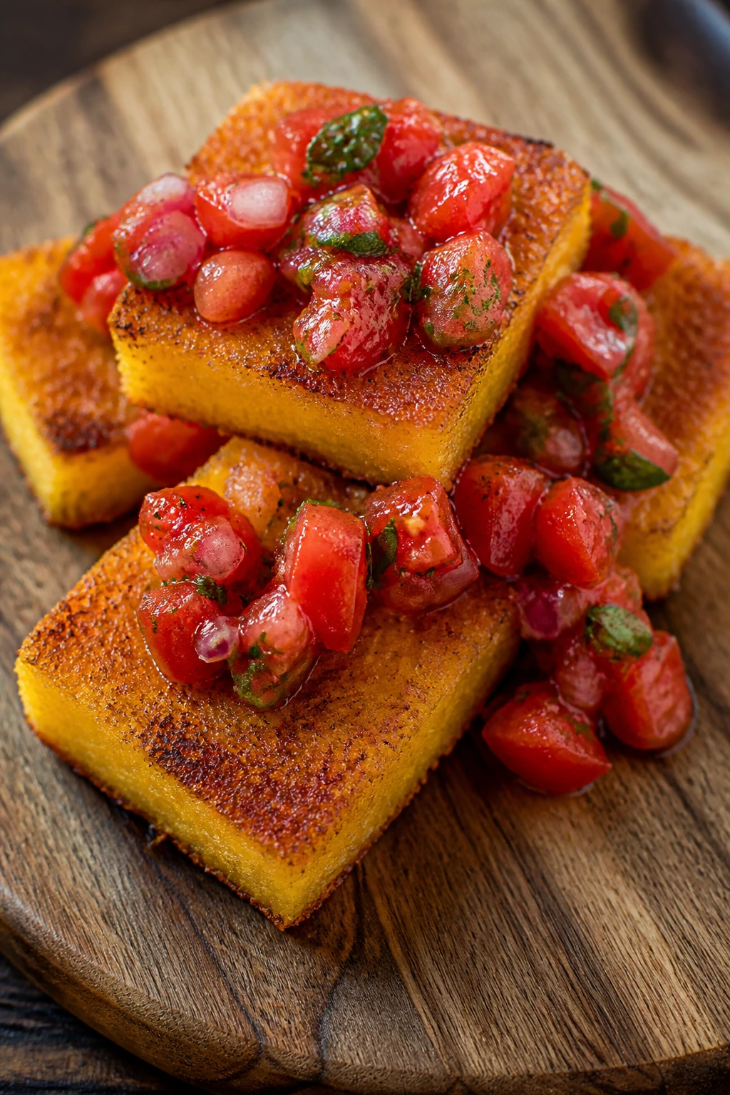 Close-up of crispy polenta squares with tomato relish on a wooden board