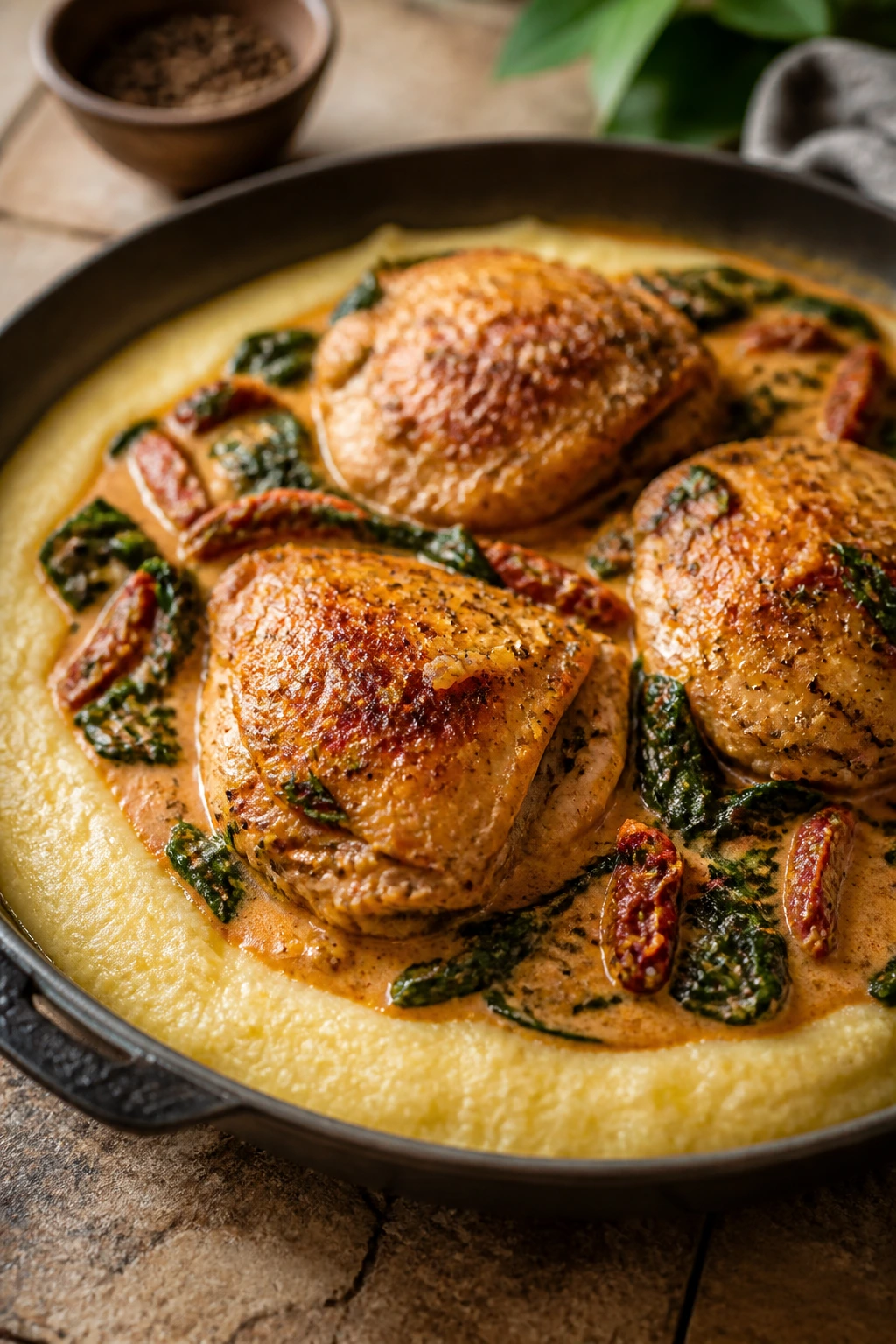 Close-up of Tuscan chicken atop creamy polenta with sun-dried tomatoes