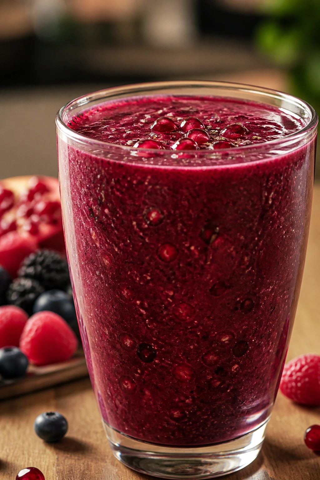 Deep ruby pomegranate berry bliss smoothie in a glass on a warm counter