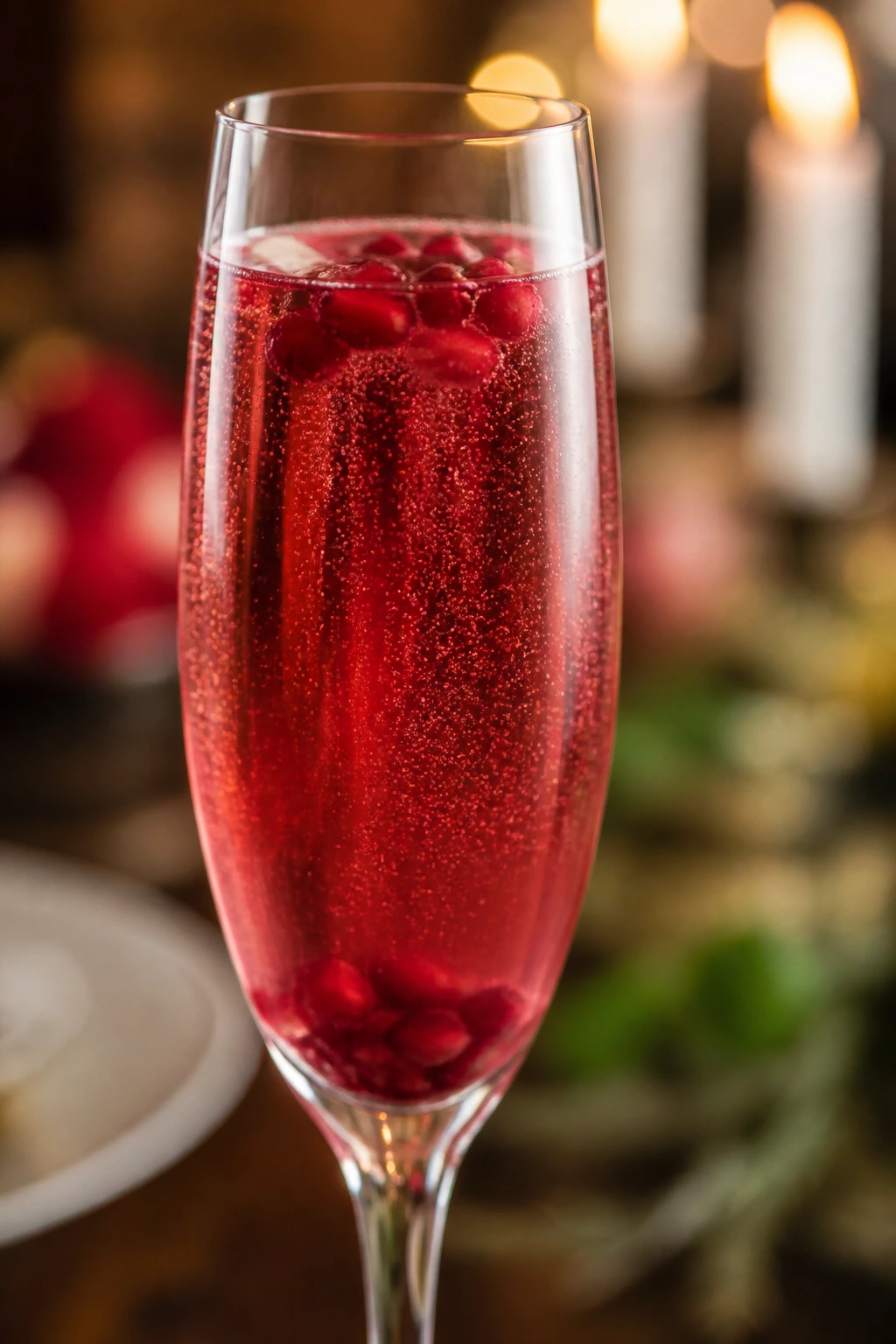 Close-up of a champagne flute with pomegranate champagne cocktail and seeds