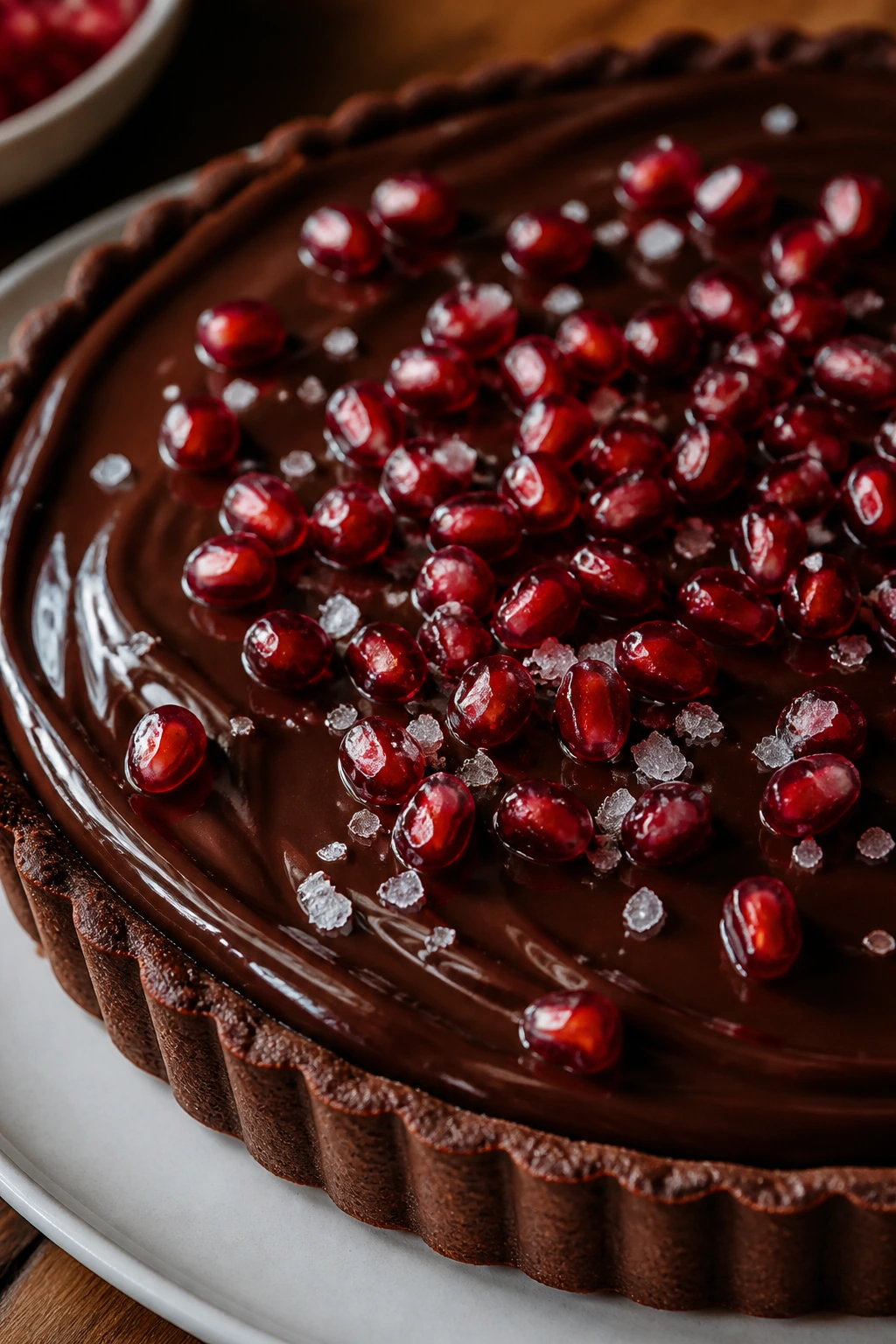Close-up of pomegranate chocolate tart with pomegranate arils