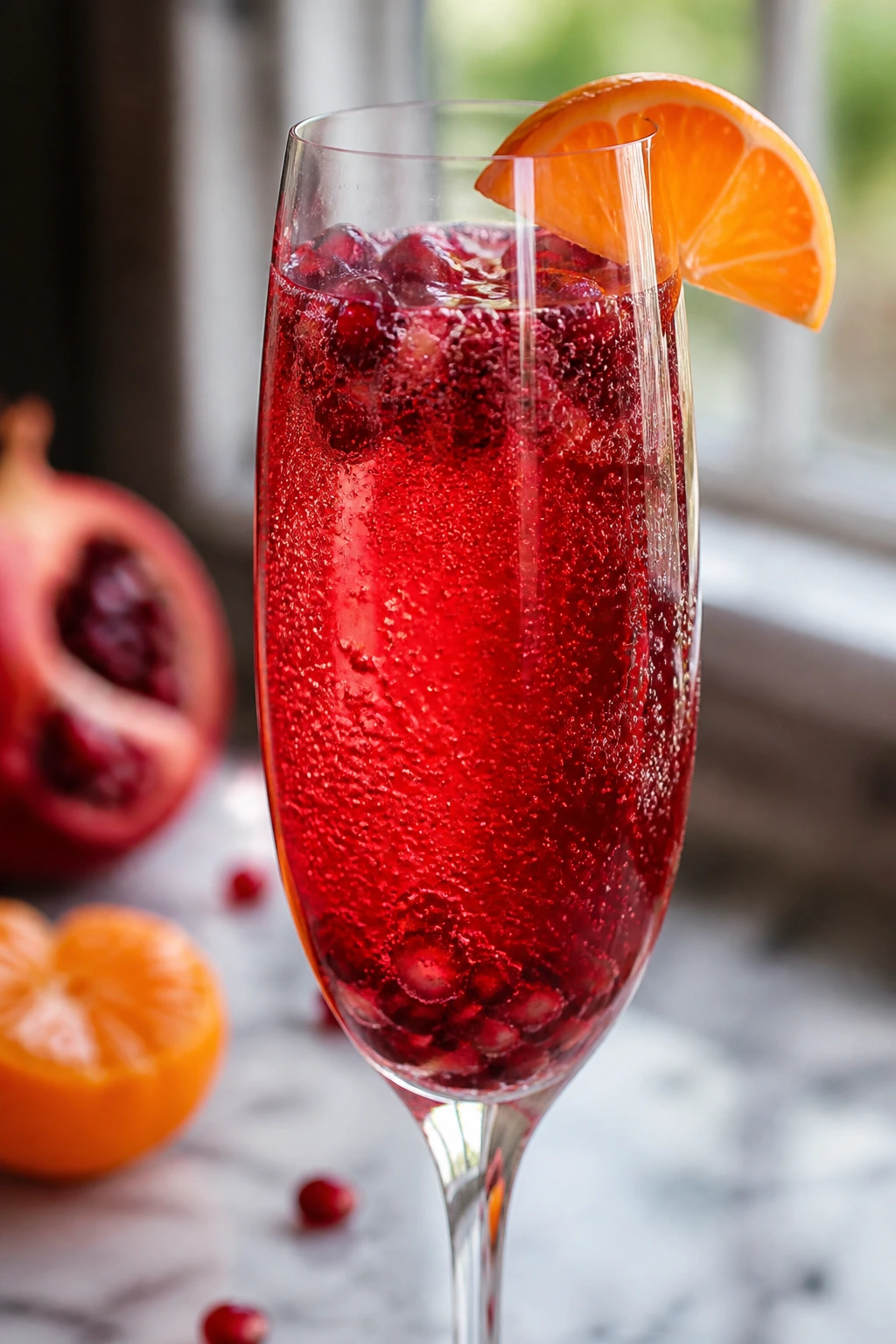 Close-up of Pomegranate Clementine Mimosa with pomegranate seeds and Clementine garnish on marble surface