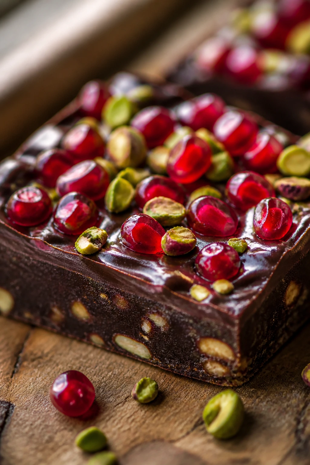Close-up of a glossy dark chocolate bar square topped with pomegranate arils and pistachios on a wooden board