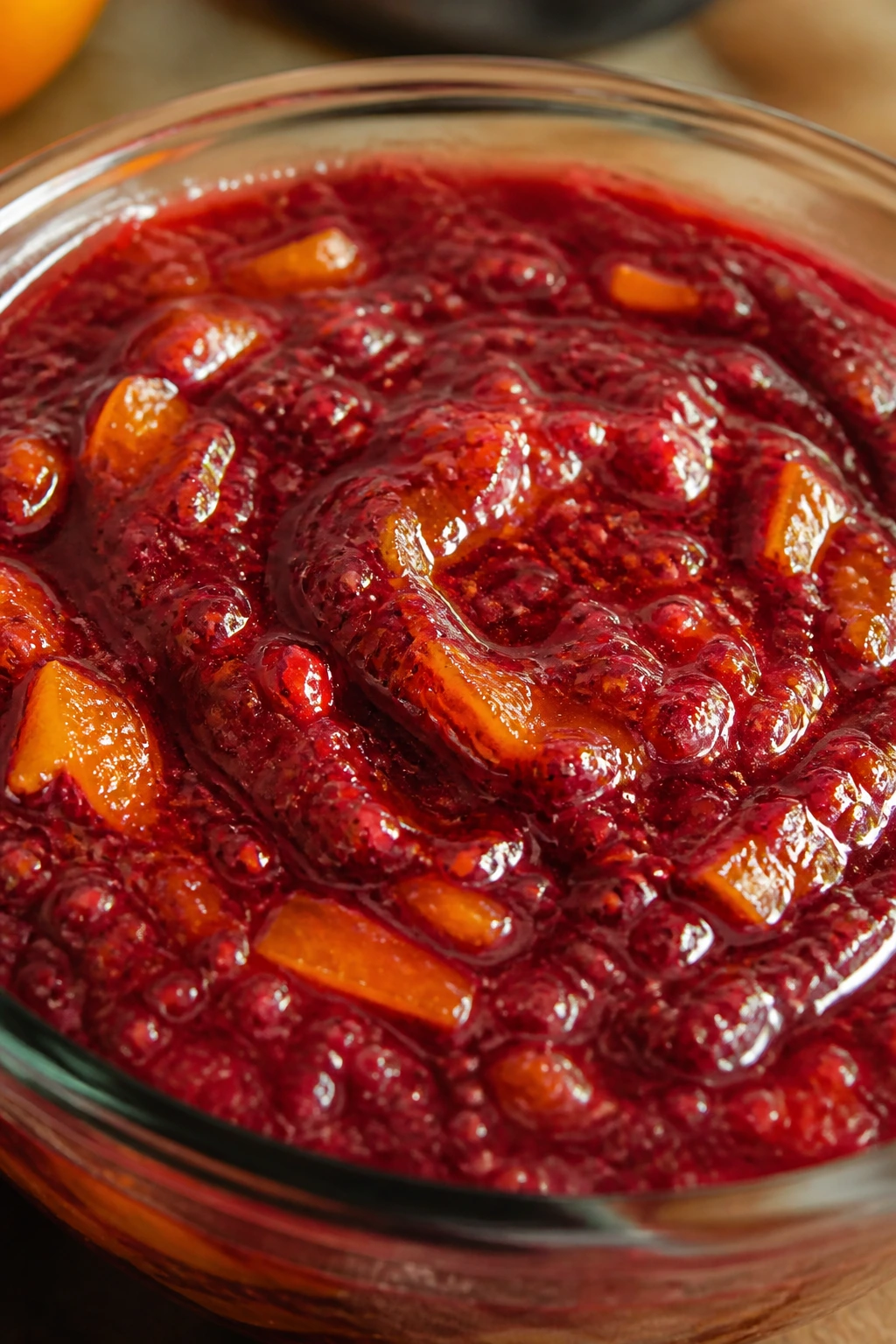 Glassy pomegranate orange glaze in a glass bowl