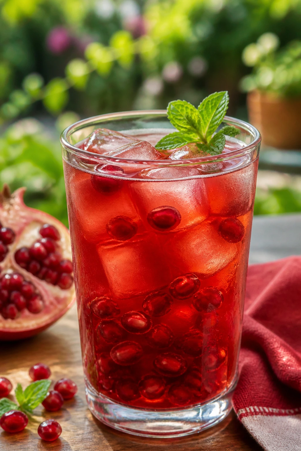 Ruby-red pomegranate green tea in a glass with arils