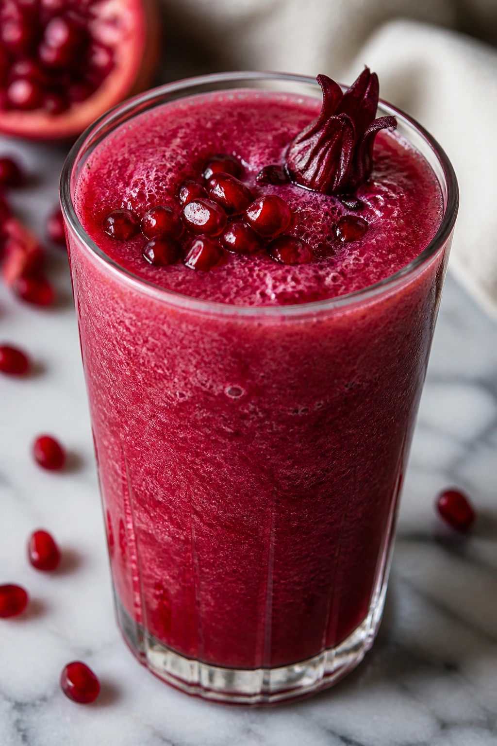 Ruby-red pomegranate hibiscus smoothie with bubbles in glass