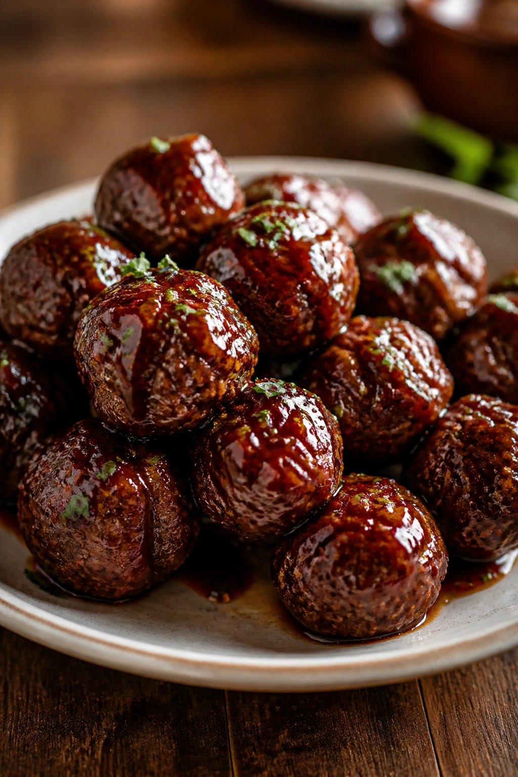 Glossy pomegranate glaze meatballs with a touch of mint on a ceramic plate.