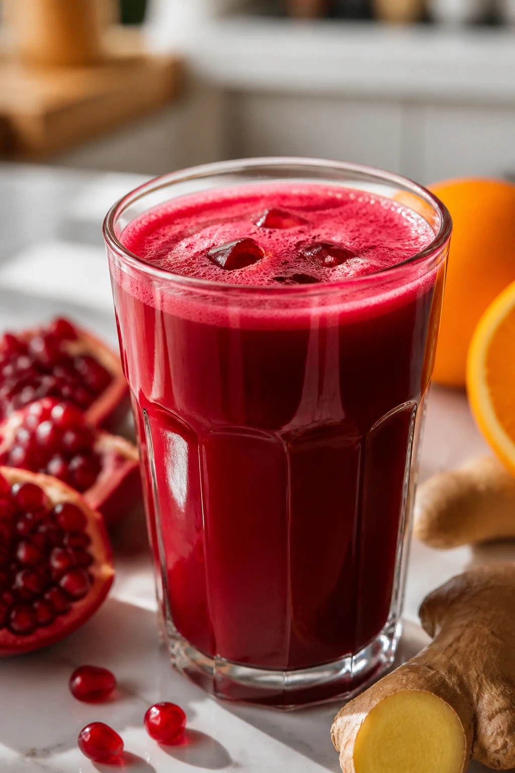 Wine-red pomegranate orange ginger juice in a glass