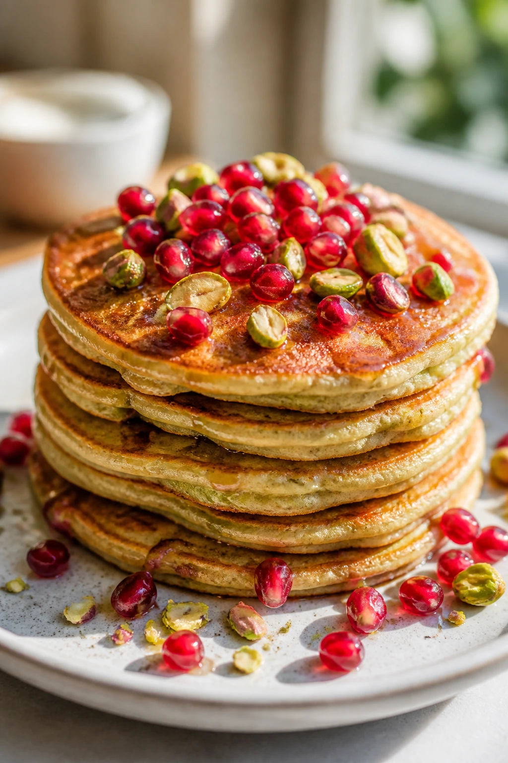 Close-up of pomegranate pistachio pancakes with seeds and pistachios on top.